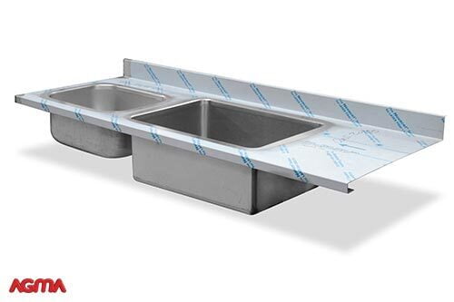 619 - Piano acciaio inox, alzatina, 2 vasche, dim. 1840x700x40mm 619 - Piano acciaio inox, alzatina, 2 vasche, dim. 1840x700x40mm