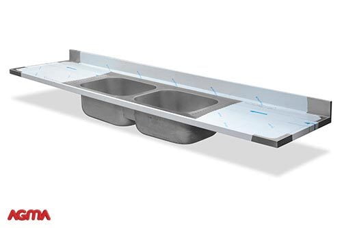 621 - Piano acciaio inox, alzatina, 2 vasche, dim. 2400x600x40mm 621 - Piano acciaio inox, alzatina, 2 vasche, dim. 2400x600x40mm